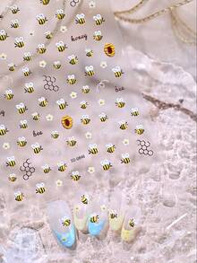1pc 5D Embossed Cute Bee & Flower Nail Stickers, Spring Daisy Bee Pattern Summer Floral Bee Nail Decals, DIY Nail Art Decoration For Women - Multicolor - View 3