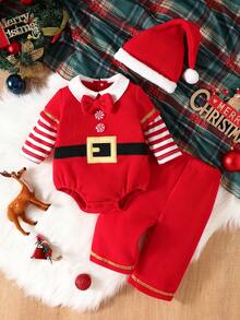 3pcs/Set Christmas Baby Cute Santa Claus Embroidered Fleece Long Sleeve Triangle Bodysuit, Pants And Hat Winter Outfit For Boys And Girls - Red - View 1