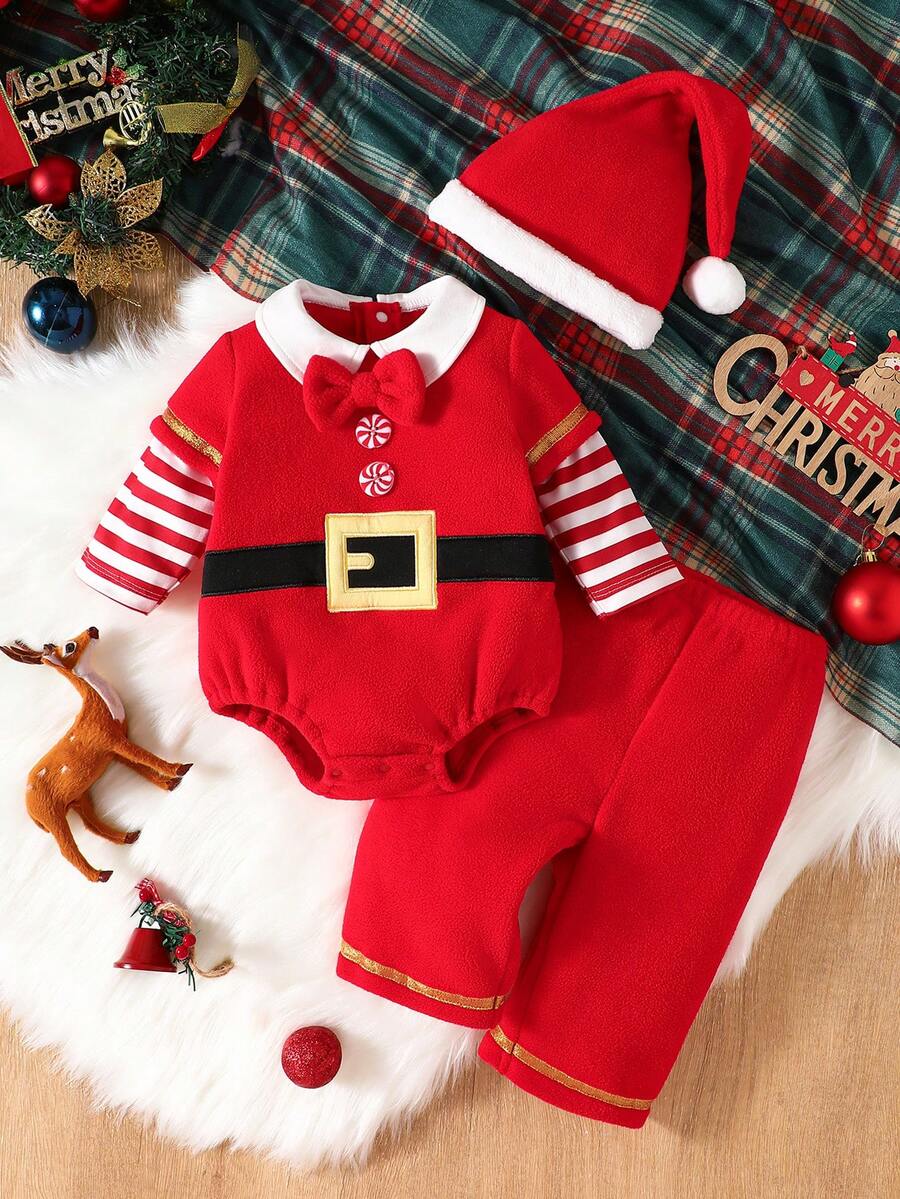 3pcs/Set Christmas Baby Cute Santa Claus Embroidered Fleece Long Sleeve Triangle Bodysuit, Pants And Hat Winter Outfit For Boys And Girls - Red - View 1