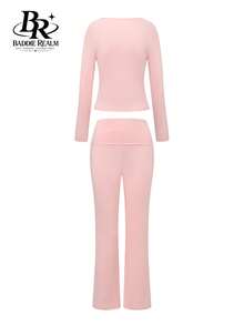 BADDIE REALM 女款 2 件套緊身長袖 V 領上衣與雙腰頭褲子，適合基礎日常穿著 - 粉色 - 查看 8