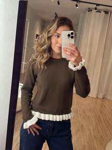 Women's Casual Brown Vintage Round Neck Long Sleeve Colorblock Ruffle Knit Pullover Sweater, Autumn/Winter Back To School Outfit Fall - Brown - View 4