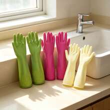 3 Pairs Long Rubber Gloves, Reusable And Waterproof, Applied For Kitchen Chores, Dish Washing, Laundry, Bathroom Cleaning And Car Cleaning, Medium Size - 3pcs - View 6