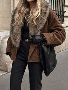 Luxury Suede Oversized Wool Coat Women Lapel Faux Fur Long Sleeve Daily Fall Winter Fashion - Coffee Brown - View 3