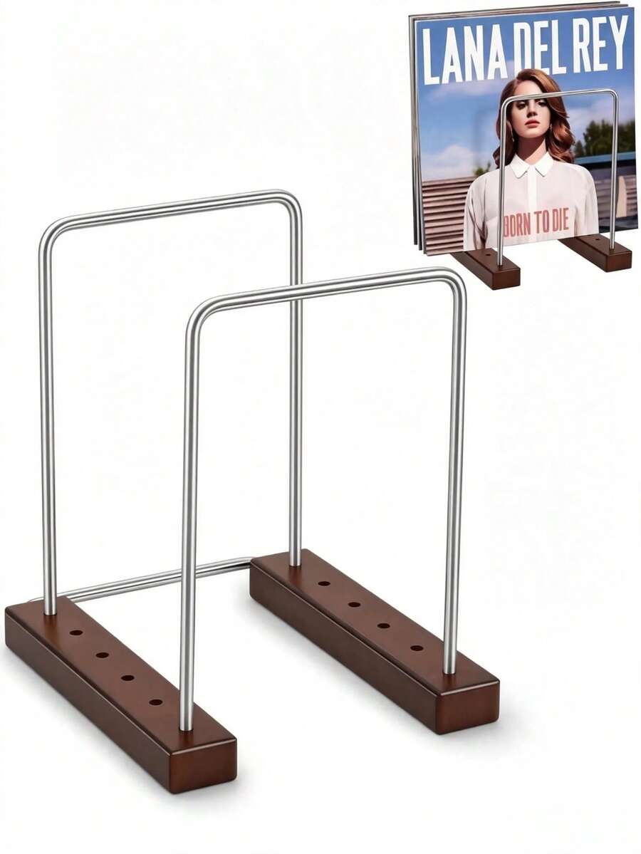 1pc Solid Wood Vintage Vinyl Record Holder, Iron & Wood Combination Storage Rack, Desktop Record Display Stand, Compact Minimalist Vertical Vinyl Storage Rack, Adjustable | Solid Wood & Steel Structure, Holds 25-35 LP Records With Adjustable Position, Tool-Free Assembly, Non-Slip Base - Multicolor - View 1