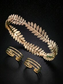 3件組金色葉片皇冠髮箍與上臂袖環套組，希臘女神髮飾與手臂手鍊，適合婚禮派對造型 - 金色 - 查看 14