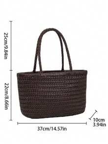 Handmade Woven Tote Bag, Vintage Minimalist Large Capacity Handbag, Versatile Everyday Commute Shopping Bag - Coffee - View 2