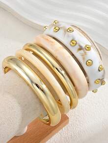 (Color Difference May Occur) 5/3/1pcs Simple Fashion Exaggerated Wide Rivet Round Geometric Asymmetrical Bracelet Set For Women, Sisters, Vacation, Date, Gift, Daily Casual, Party, Wedding - Multicolor - View 5