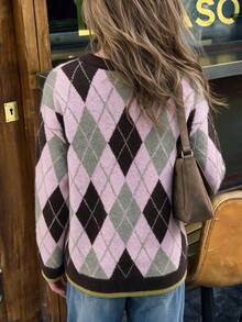 Autumn/Winter Casual Colorblock Argyle Knit Cardigan - Multicolor - View 6