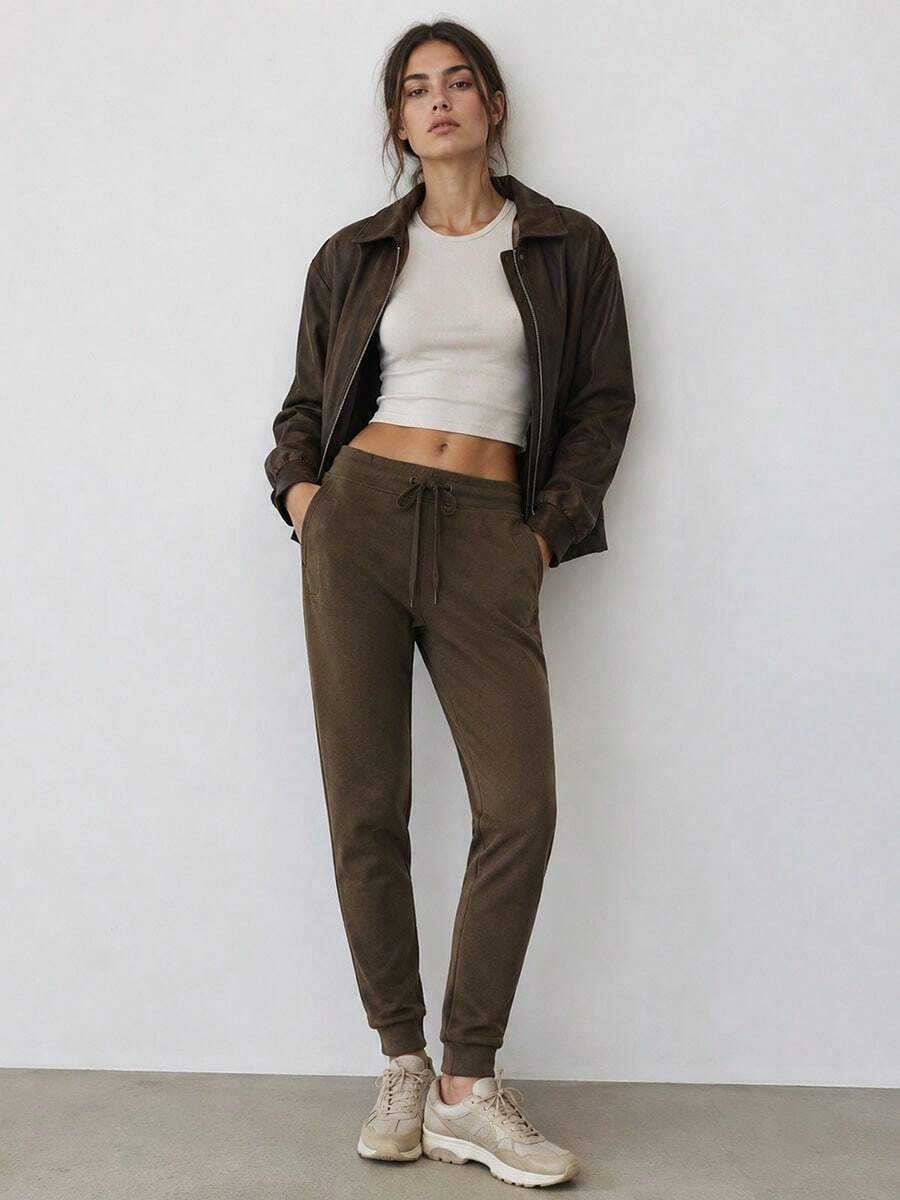 Sweatpants, Elastic Waistband With Drawstring, Mid-Rise, 2 Pockets, Tapered Leg, Basic Style - Brown - View 1