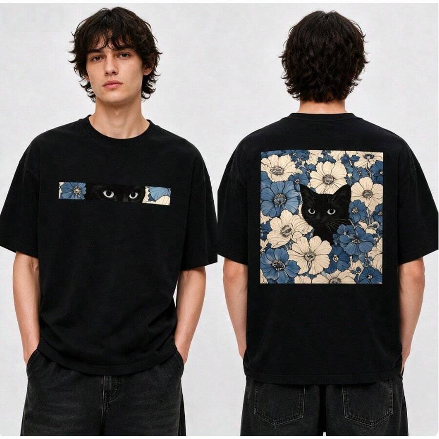 Men's Oversized Short Sleeve Shirt, Cute Cat With Flower Pattern Graphic Crew Neck T-Shirt, Casual Top For Daily Look - Black - View 1