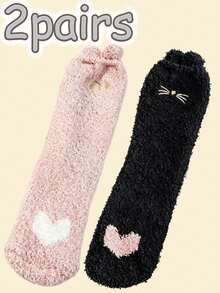 1/2/5 Pairs Cute Cat Paw & Small Ear Design Women's Warm Mid-Calf Socks, Thick Long Socks, Floor Socks, Suitable For Daily Wear And Gifting - Multicolor - View 9