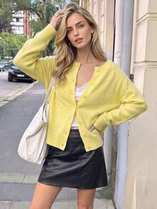 Nicenter Women's Fall Winter Yellow Wool Blend Drop Shoulder Long Sleeve Button Front Ribbed Trim Cardigan Sweater, Casual Simple For Office Daily Home Date - Yellow - View 8