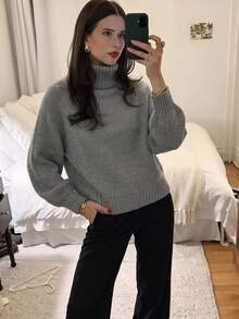 女款休閒秋冬純色灰色高領長袖落肩套頭毛衣/日常辦公通勤穿搭 - 灰色 - 查看 4