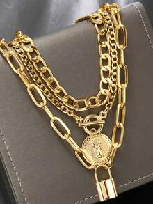 3pcs Vintage Elegant Personalized Exaggerated Punk Style Women Coin & Lock Pendant Necklaces, Suitable For Daily, Party And Travel Wear - Gold - View 3