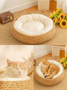 Woven Cat Bed, Removable Washable Cushion, Round Pet Basket With Handle, Suitable For Small Dogs And Cats, Breathable Pet Bed - Multicolor - View 5
