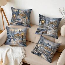4 Stücke/1 Stück Winterliche Schneehütten-Muster Kissenbezug ohne Füllung, einseitig bedruckter Kissenbezug, geeignet für Wohnzimmer, Schlafzimmer, Heimdekoration, ganzjährig verwendbarer Kissenbezug - Verschiedenfarbig - Übersicht 10