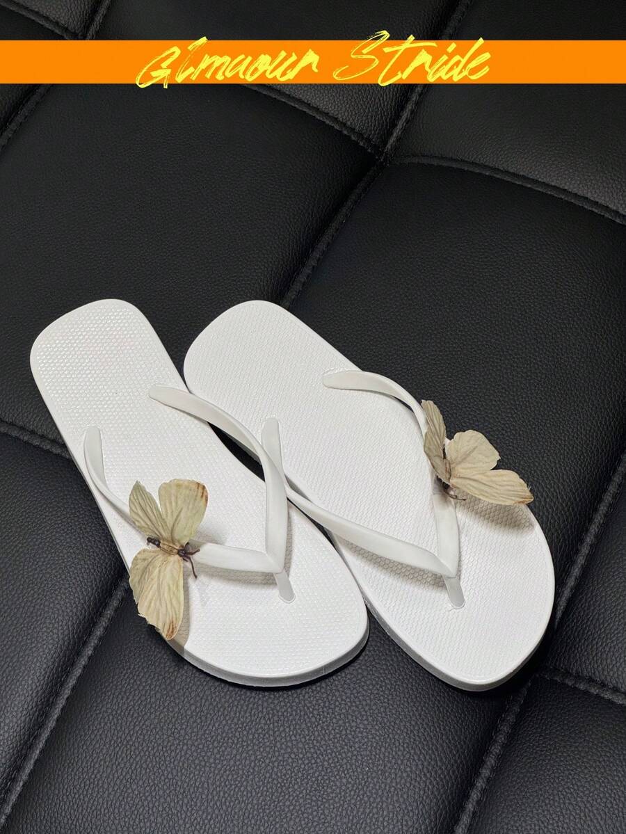 女款蝴蝶裝飾夾腳拖鞋,休閒白色厚底夾腳涼鞋,夏季海灘室內/室外防滑平底拖鞋 - 白色 - 查看 1