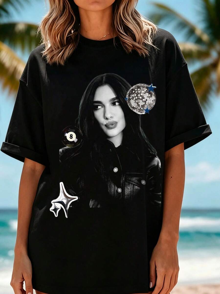 Oversized T‑Shirt DuaLipa Disco‑Motivdruck, weicher Stoff für Konzerte, Musik‑Events und lockere Partytreffen - Schwarz - Übersicht 1