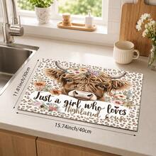 1pc Highland Cow Floral Leopard Print Table Mat, Rustic Country Style Rectangular Kitchen Countertop Protector, Brown Cow Head & Text Print Design, Easy To Clean Decorative Mat, Suitable For Kitchen, Dining Table, Coffee Station And Daily Home Decor - Multicolor - View 12