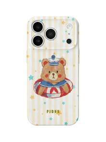 PJDNX 1pc Off-White Striped Sailor Bear Print Phone Case, With Swim Ring And Star Elements, Striped, Fruit Style, Bear, Glossy Film Hard Shell, Precise Lens And Earpiece Cutouts, Full Coverage, Ultra-Lightweight Bare-Hand Feel, Phone 17 Pro Max Phone Case, Compatible With Phone 16 Pro Max, 15 Pro Max, 14 Pro Max High-End Fashion Fun Phone - Beige - View 1