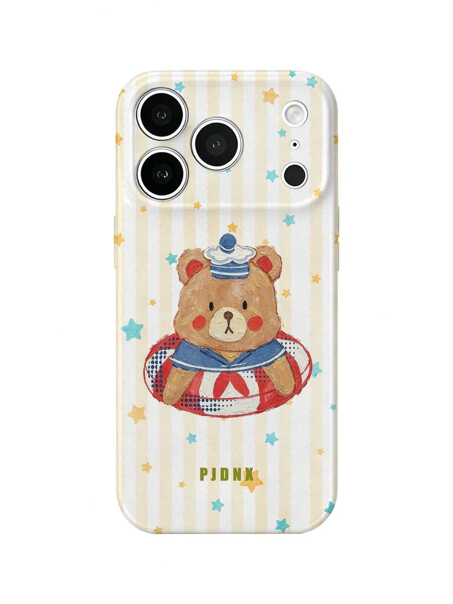 PJDNX 1pc Off-White Striped Sailor Bear Print Phone Case, With Swim Ring And Star Elements, Striped, Fruit Style, Bear, Glossy Film Hard Shell, Precise Lens And Earpiece Cutouts, Full Coverage, Ultra-Lightweight Bare-Hand Feel, Phone 17 Pro Max Phone Case, Compatible With Phone 16 Pro Max, 15 Pro Max, 14 Pro Max High-End Fashion Fun Phone - Beige - View 1