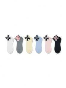 ZUJO 6 Pairs Women's Short Socks, Large Bow Print Pattern, Simple And Comfortable, Suitable For All Seasons, French Country Style, Random Color - Multicolor - View 6