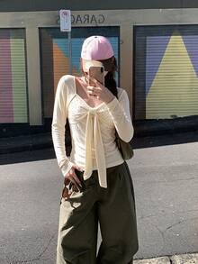 Minimalist Sexy Square Neck Rhinestone Bow Long Sleeve T-Shirt Women Early Spring Hot Girl Sweet Cool Slim Fit Flattering Base Layer Top - Apricot - View 3