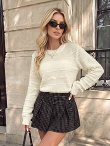 Nicenter Suéter Feminino de Outono/Inverno Branco com Tricô de Olho de Pombinha, Gola Redonda, Manga Longa, Mistura de Lã, Elegante, Aconchegante, Casual, Simples, Minimalista para Escritório, Uso Diário, Casa e Encontros - Branco - Visão 8