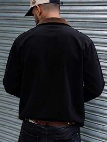 GOLDREDY Contrast Collar Corduroy Shacket Men's Autumn Vintage Patchwork Lapel Four-Button Casual Long Sleeve Shacket - Black - View 3