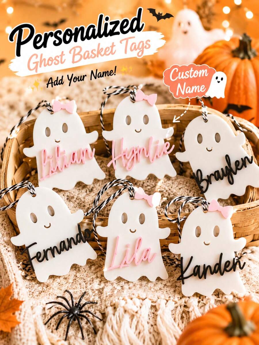 個性化客製化姓名萬聖節 Boo 籃子吊牌，客製化壓克力幽靈姓名吊牌，兒童 Boo 桶裝飾，客製化萬聖節籃子配件