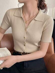 Fashionable Polo Collar Raglan Short Sleeve Knit T-Shirt For Women, Spring/Summer New Lightweight Casual Cardigan Top Fall - Light Khaki - View 5