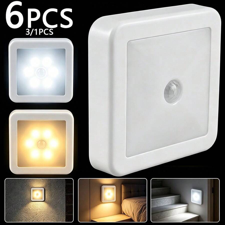 Smarte LED-Nachtleuchte mit Bewegungssensor, Nachttischlampe, automatische Beleuchtung für Treppen, Flur, Schrank, batteriebetrieben, Batterien nicht enthalten, 6/3/1 Stück Stück Warmweiß/Zweifarbig optional, praktisches Haushalts-Essential
