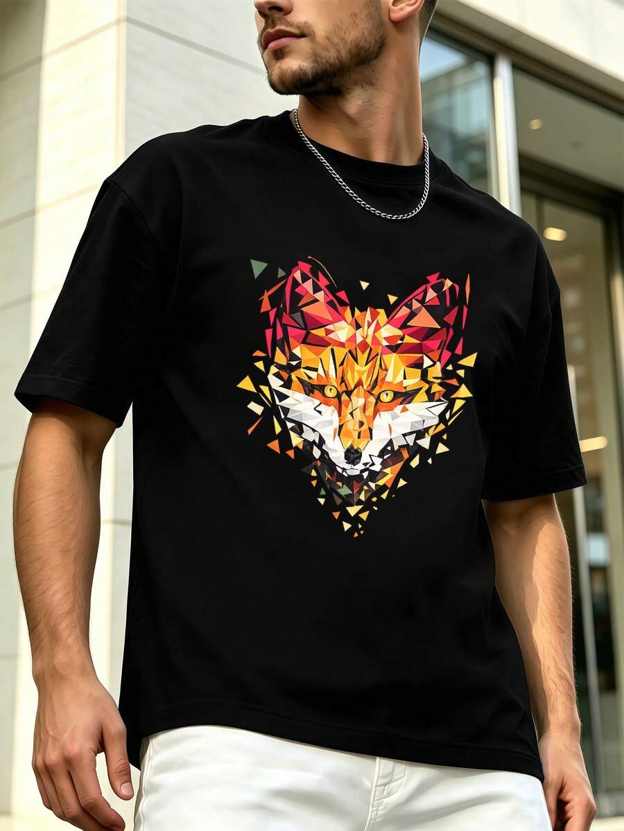 T-Shirt Con Grafica Di Volpe Geometrica, Tessuto Di Qualità, Vestibilità Comoda, Stile Street Hip-Hop, Confortevole, Stampa Artistica - Black - View 1