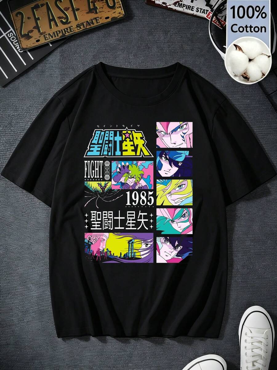 Women's Black Cotton Short-Sleeve T-Shirt, Y2K Retro Style, Saint Seiya 1985 Anime Graphic Print, Summer Clothing For Fans, Regular Fit - 黑色 - 查看 1