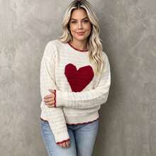 Plus Size Women's Cute Cable Knit Heart Sweater, Drop Shoulder Long Sleeve Crew Neck Knit Top, Soft Slim Fit Pullover - White - View 5