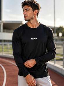 1pc Men's Autumn Sports Crew Neck Long Sleeve T-Shirt, RUN Letter Print Slim Fit Top, Outdoor Running Fitness Training Daily Layering Casual Basic - Black - View 1