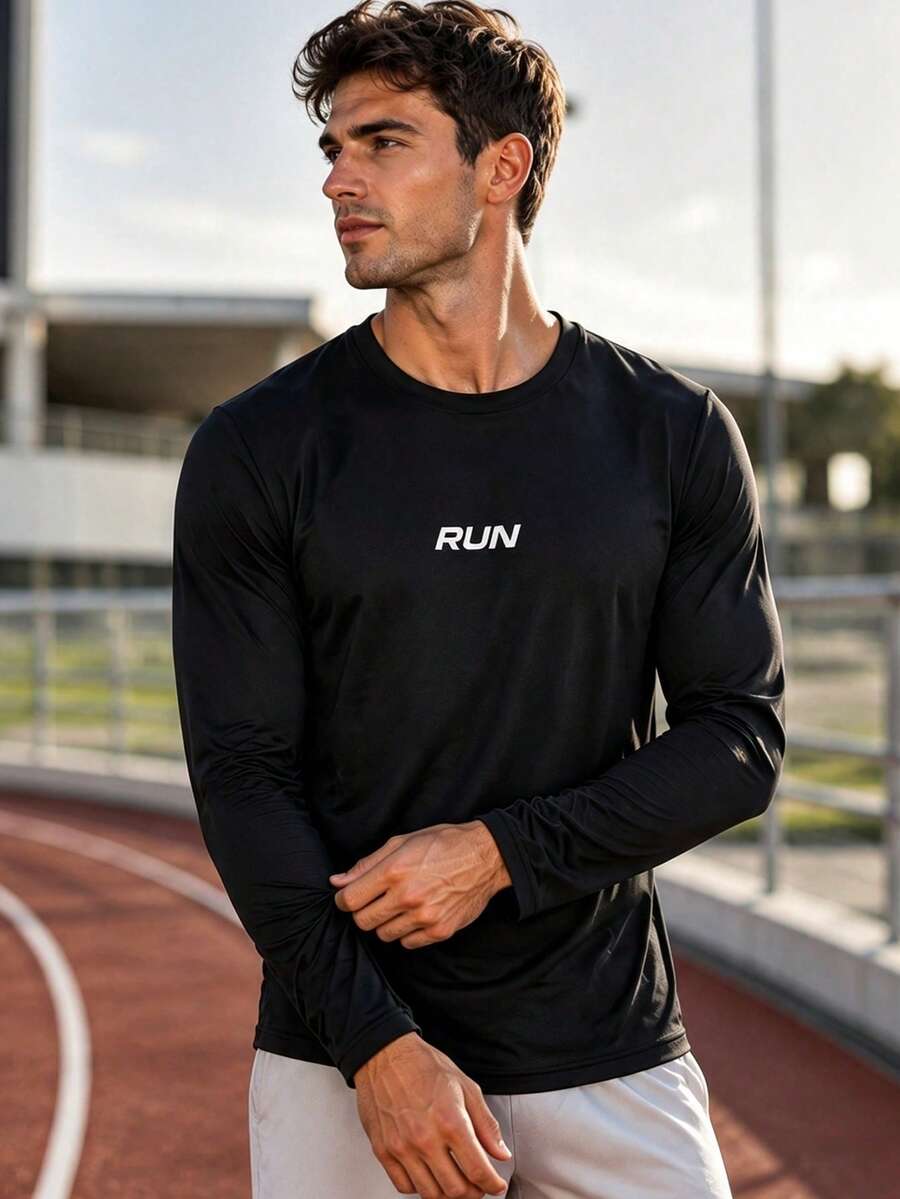 1pc Men's Autumn Sports Crew Neck Long Sleeve T-Shirt, RUN Letter Print Slim Fit Top, Outdoor Running Fitness Training Daily Layering Casual Basic - Black - View 1