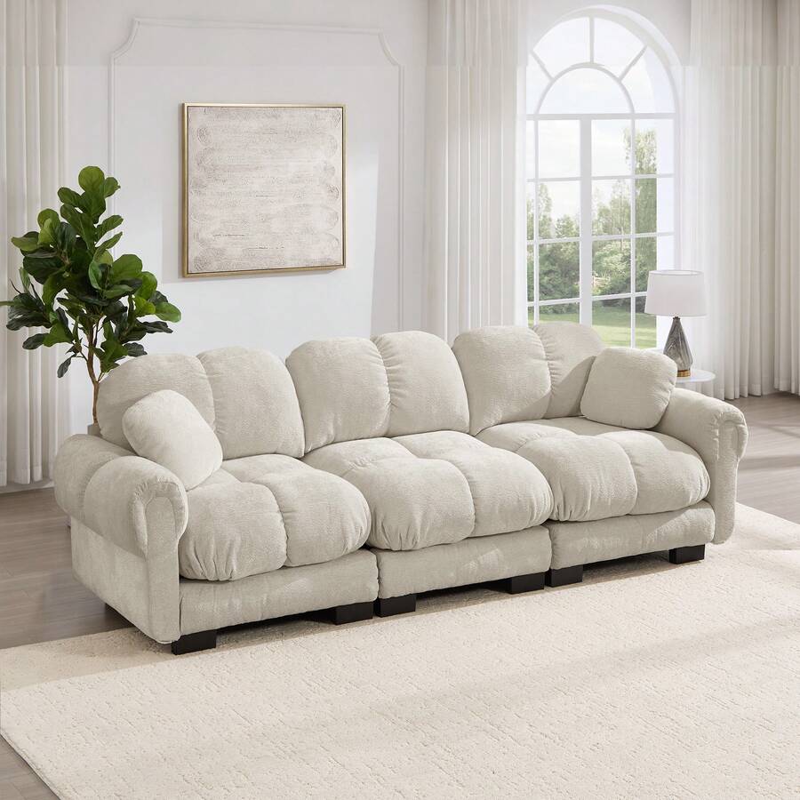Sofa Khaki 3 Seat Made Of Chenille For Living Room And Lounge - 卡其色 3 人座 - 查看 1