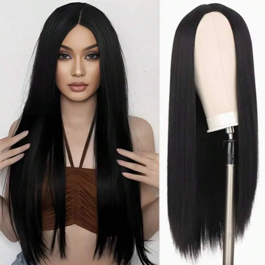 Wig Lurus Panjang 70cm Gaya Belahan Tengah Desain Topi Jaring Kepadatan Tinggi Lembut Halus Serbaguna Modis Cocok Untuk Semua Wanita Cosplay Halloween Pemakaian Sehari-hari - hitam - View 1