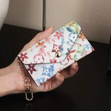 1pc Watercolor Floral Print With Metal Chain Decoration PU Leather Multi-Slot Card Holder Snap Closure Fresh Artistic Style Card Wallet - Multicolor - View 16