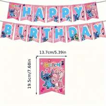 Hot-Selling Pink Stitch Theme Cartoon Stitch Birthday Banner, Backdrop, Tablecloth, Decoration Hanging Set, Birthday Party Decor - Multicolor - View 3