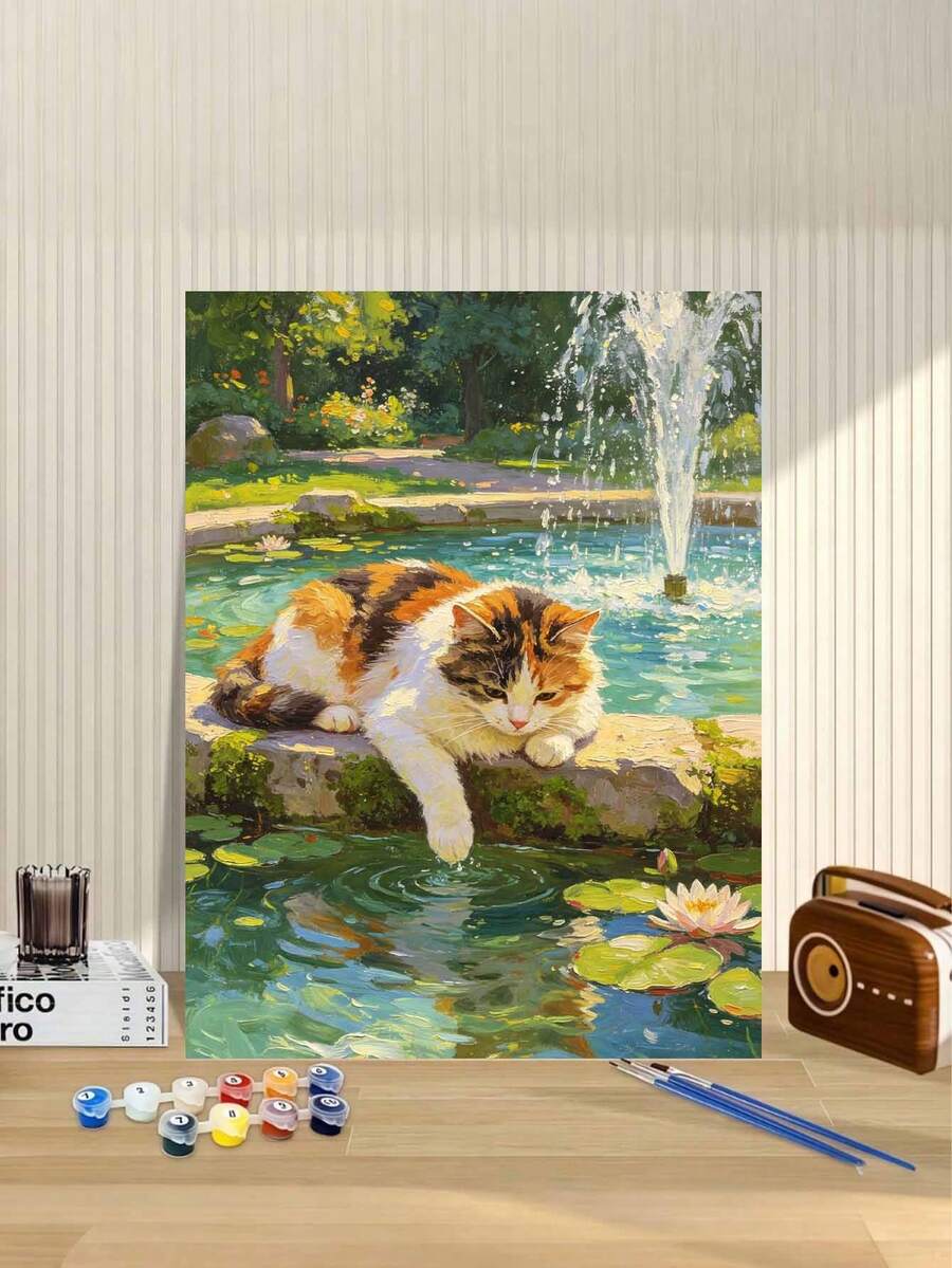 1Pc DIY Digital Oil Painting By Numbers,Cat Playing In Water, Handicrafts For Adult Beginners, Home Wall Decoration, Holiday Gifts Birthday Gifts