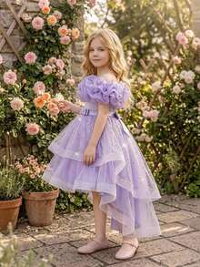 Young Girls Sequin Pleated Tulle Elegant Hostess Evening Gown With Train, Suitable For Party, Headband Not Included - Purple - View 7