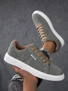Men's Solid Color Lace-Up Low-Top Round Toe Minimalist Casual Sneakers For Daily Wear - Dark Military Green - View 2
