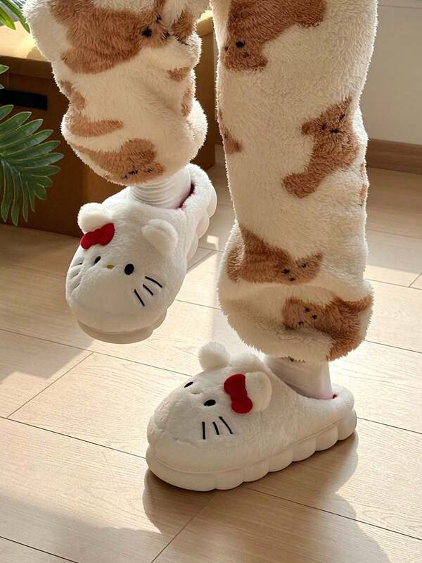 Hello Kitty Slippers, Casual Cute Exquisite Fluffy Cat Home Shoes Women's Fun Slippers, Round Toe Half-Covered Pink KT Cat Hello Kitty Red Bow 3D Ears Pink Slippers, Women's Winter Slippers, Women's Winter Home Shoes, Pink Hello Kitty Slippers, Authorized HELLO KITTY Series