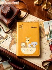 Customized Name Personalized Cute Lion, Giraffe And Elephant Combination Print PU Passport Holder, Multiple Colors Available, Can Store Family Travel Documents, Bank Cards And Other Cards, Soft And Cute, Portable For Daily Use - Multicolor - View 6