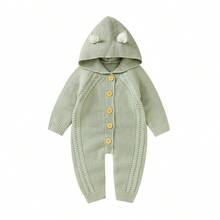 1pc Newborn Infants Solid Color Hooded Knitted Jumpsuit, Soft & Comfortable Jumpsuit For Baby Boys Winter Outfits - Green - View 9