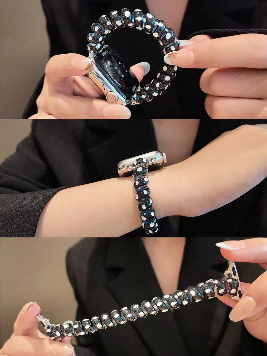 1pc Black Polka Dot Cute Elastic Hair Band Watch Strap Compatible With Apple Watch 38/40/41/42/44/45/46/49mm/S11-42mm/SE/11/10/9/8/7/6/5/4/3/2/1 Series, Women's Summer Hair Band, Cute Wristband, Suitable For Daily Casual Wear, Not Suitable For Sports, Smart Watch Accessories, Y2K - Black - View 1