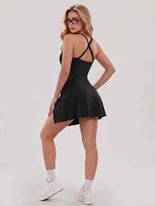 YZMJAFU Women's Tennis Sports Dress, Built-In Shorts, Open Back Criss-Cross Straps, Twisted Ruched Hem, Black Summer Style - Black - View 6
