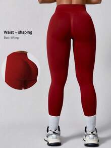 NcmRyu 1 buah Celana Panjang Olahraga Pinggang Tinggi Motif Ribbed Patchwork Warna Polos - Merah - View 1
